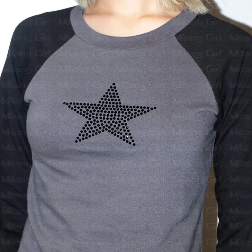 Rhinestone Star Grey Balck Y2k Small Top Long Sleeve